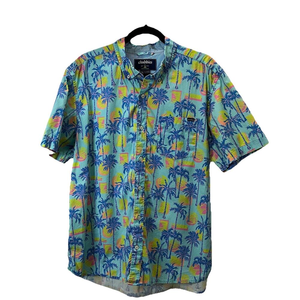 Chubbies Friday Shirt Tropical Hawaiian Palm Tree Teal Pink Yellow Button Up XL